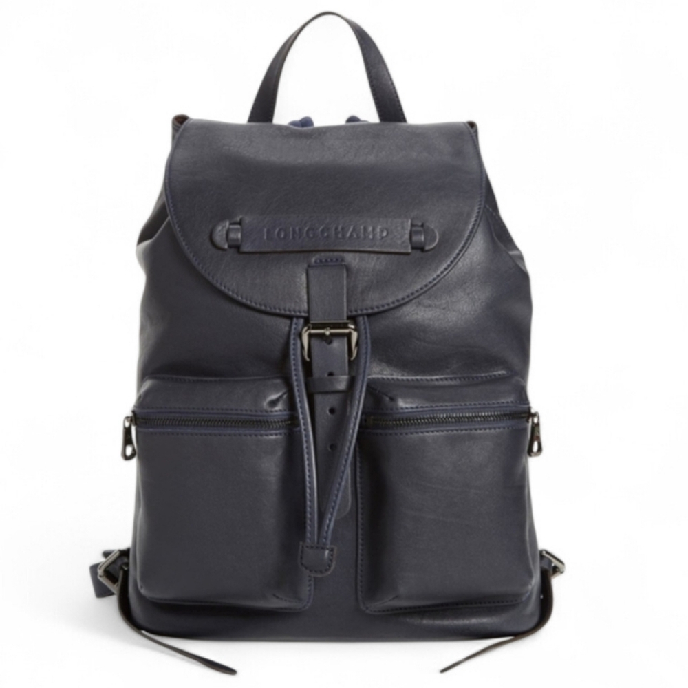 Men's Longchamp Newest Leather Quality Large Black Blue Backpack
